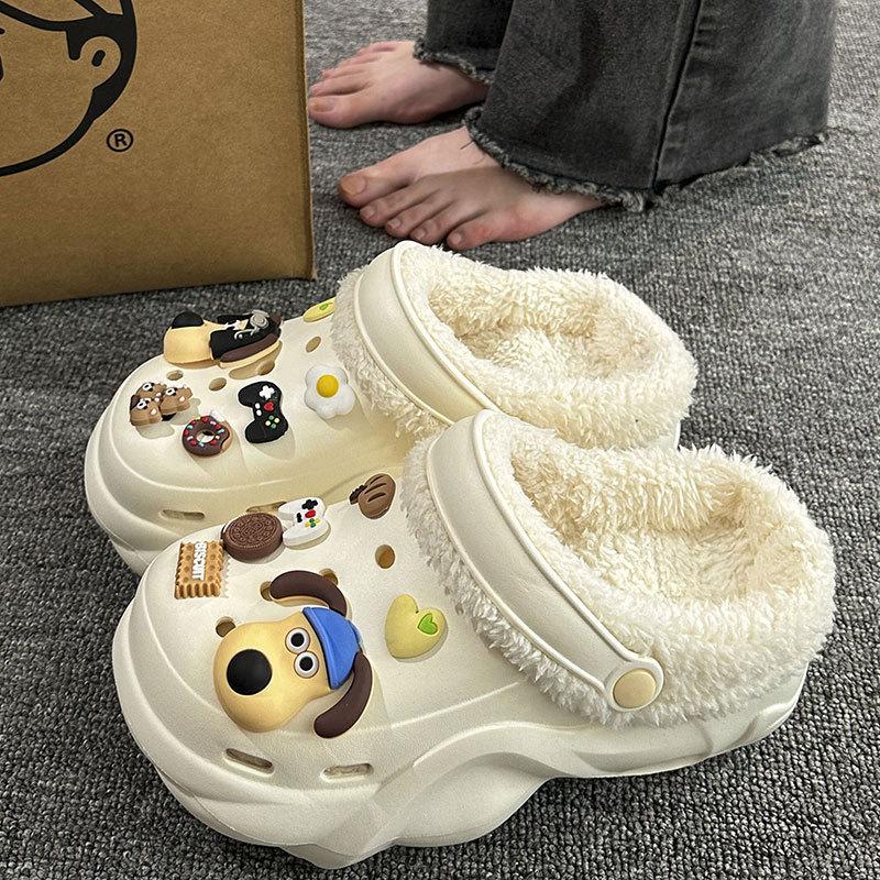 New velvet hole shoes women's winter non-slip outer wear cotton shoes heightened thick-soled home removable cotton slippers