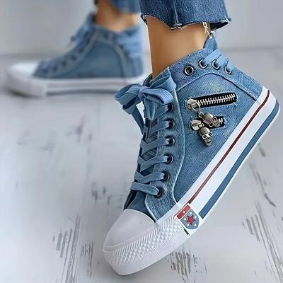 Scarpe da Donna Moda Denim Scarpe Casual Teschio Decorazione in Metallo Sneakers Basse da Donna Vintage High Top Scarpe Vulcanizzate da Donna