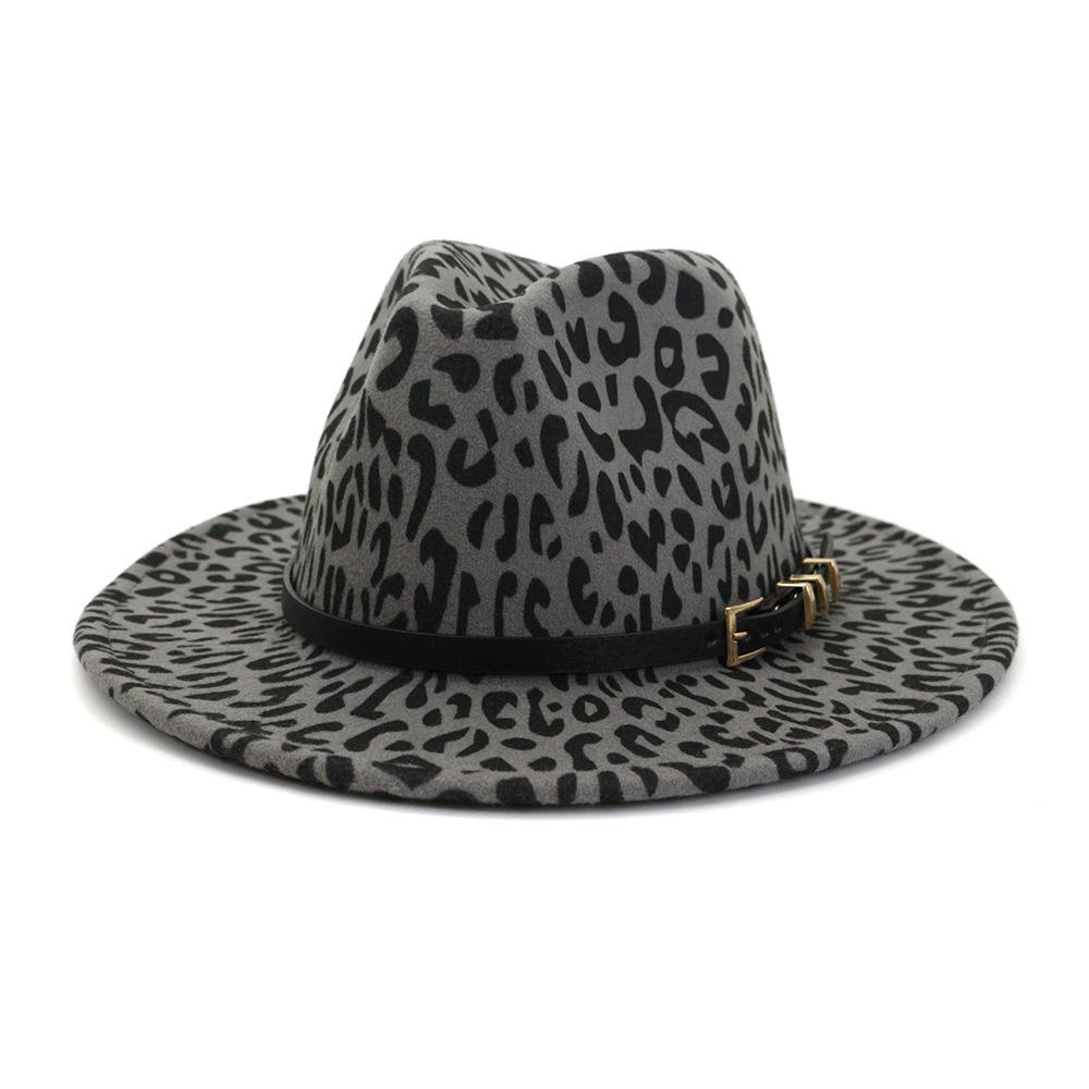 Wzcx Fashion Belt Flat Top Women Leopard Felt Hat Autumn Winter Casual Tide Personality Girls Jazz Hat Adult Cap