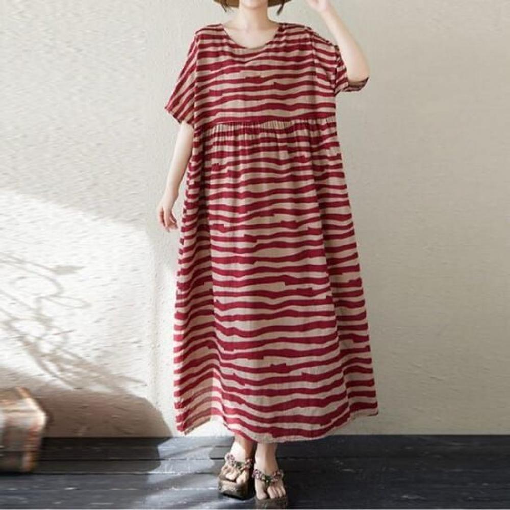 Navava Loose Fit Striped Round Neck Short Sleeve Long Dress No912