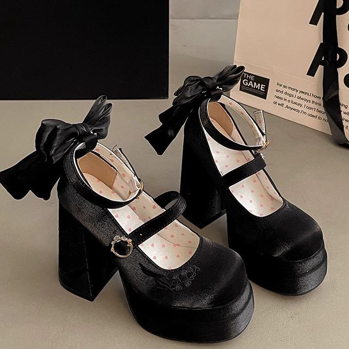 Fashion Women High Heel Shoes Lolita Pumps Fashion Spring Autumn Ladies Outdoor Retro Bow Mary Jane French Elegant 6-8cm High Heels