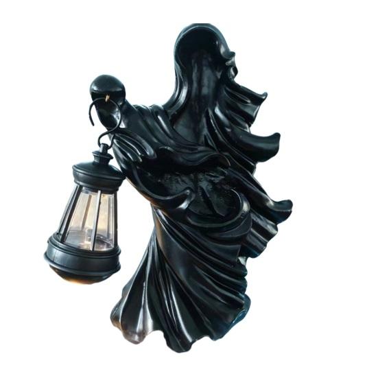 Resin Halloween Sculpture Witch Lantern, Gothic Ghoul Terrifying LED Night Light, Mysterious Accessory Waterproof Hell Reaper Spooky Tabletop Figurine