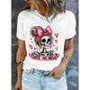 Europäische Größe Halloween Totenkopf Print Rundhals T-Shirt, Bequemes Kurzarm Freizeit Oberteil für Sommer & Frühling, Damenbekleidung