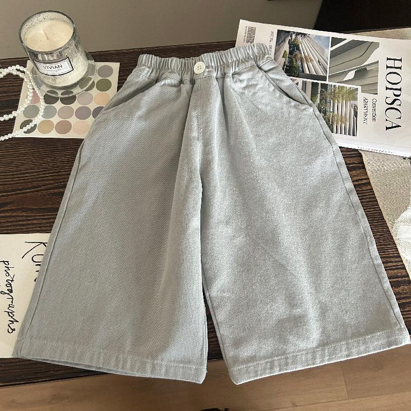 Korean Style 2025 Spring Girls' Striped Shirt & Blue Wide-Leg Pants Set