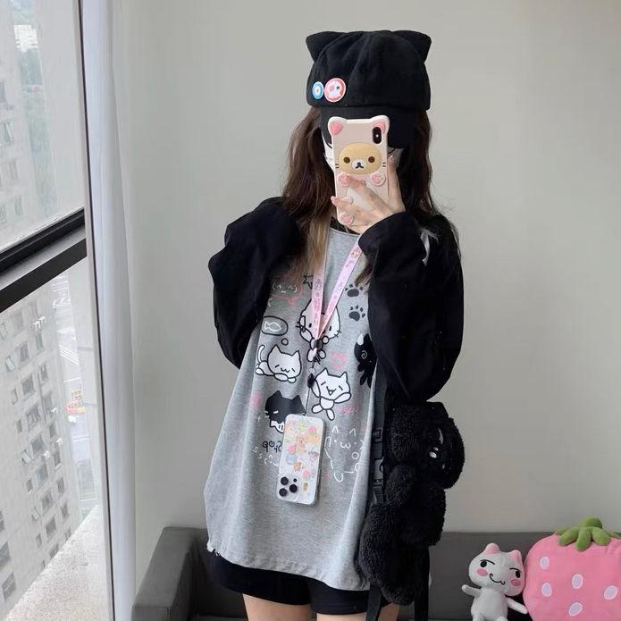 Kawaii Cat Print T-shirts for Women Anime Cartoon Graphic Raglan Sleeve Tops Gothic Japan Style Autumn Cutecore Clothes