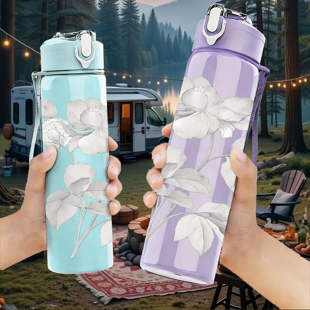 1PC Delicate White Rose Leaf Line Sketch Print 750ml Color Plastic Sports Water Bottle Leakproof Flip Straw Lid Suitable for Sports Office Home Use