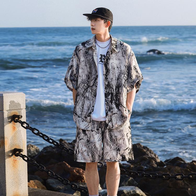 

Ice Silk Tie-Dye Sports Suit Men S Summer Fashion Loose Short Sleeve Shirt + Beach Shorts Casual Two-Piece Suit 5XL