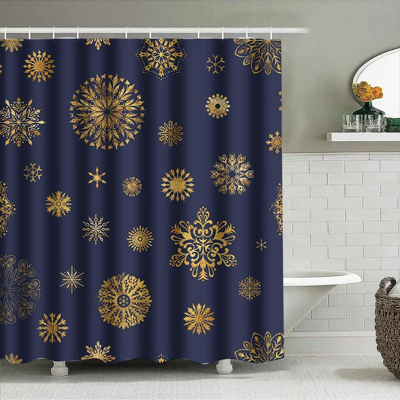 

Luxurious Golden Snowflake Printed Blue Shower Curtain Home Decor Waterproof Privacy Shield 72X84In (183X213Cm) W60H190(CM)-1 Pcs