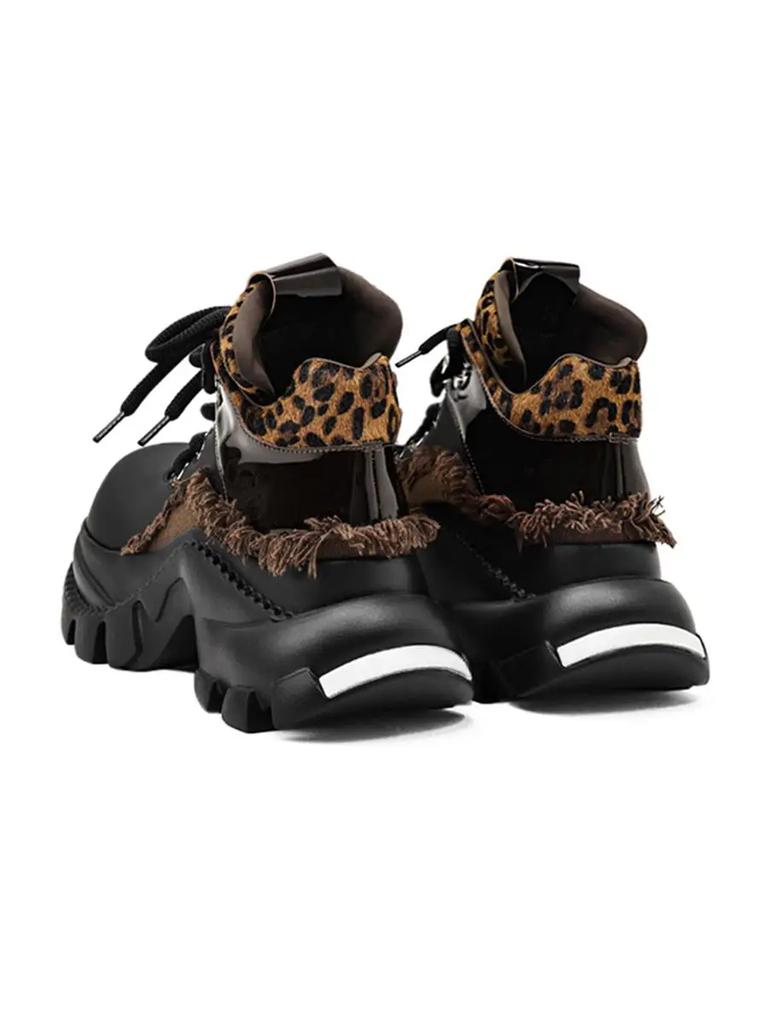 Fashion Punk Style Women Black Leopard print Metal Lace-up Heel Height Platform Shoes Gothic  Sneakers Women Ankle Boots 2025 New