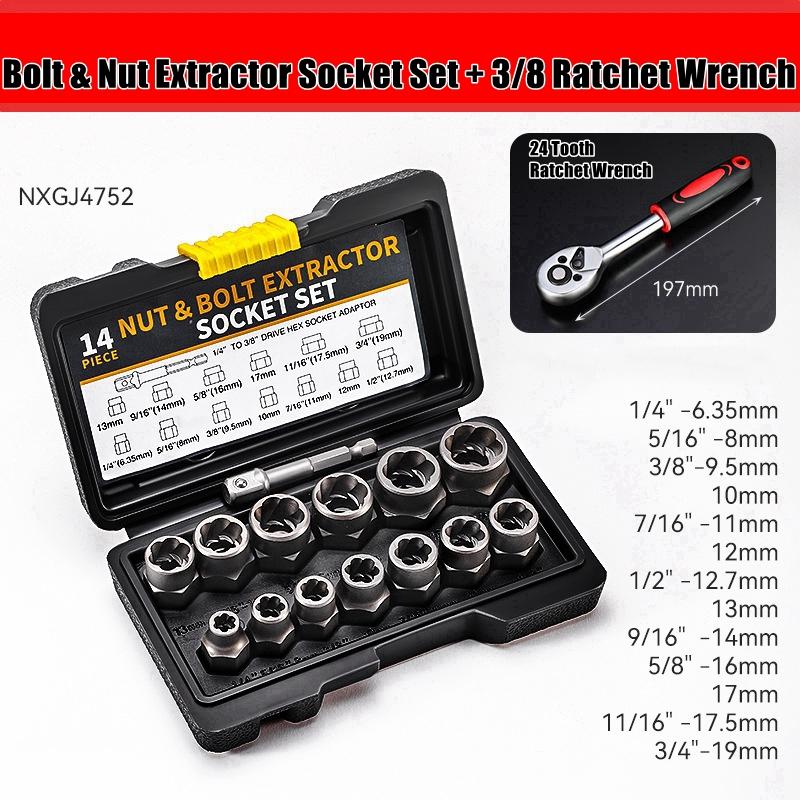 14pcs/set Impact Bolt & Nut Remover Set Cr-Mo Steel Bolt Extractor Tool Set with Solid Storage Case for Industrial Drop Shipping