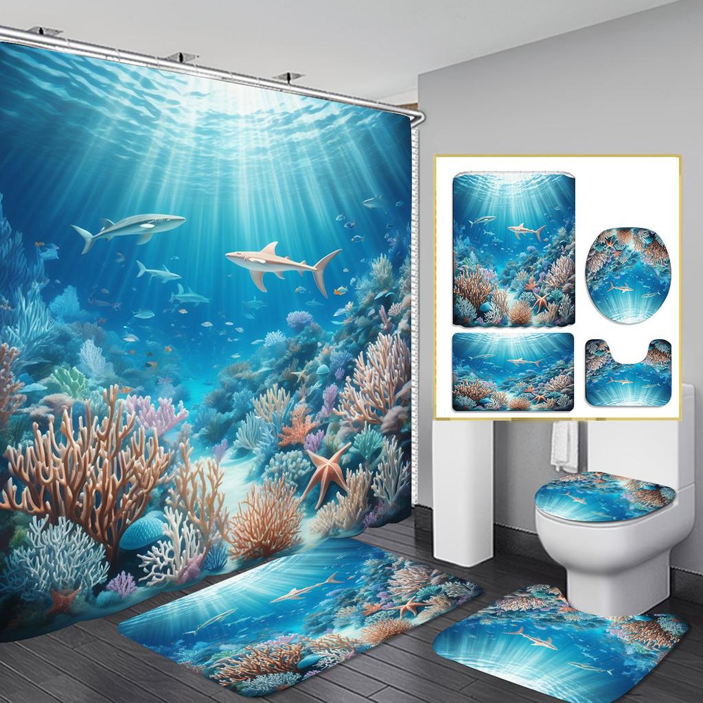 Christmas Shower Curtain Four-Piece Non-Punching Partition Curtain Digital Printing Bathroom Dress