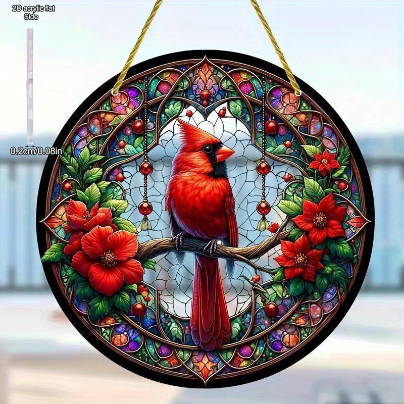 Kardinal Kırmızısı Kuş Poinsettia Güneşlik Boyası Akrilik Pencere Askısı Yuvarlak Tabela Süsü Tatil Hediyesi, Yenilikçi Ev Dekorasyonu, Yatak Odası İçin Mükemmel Dayanıklı