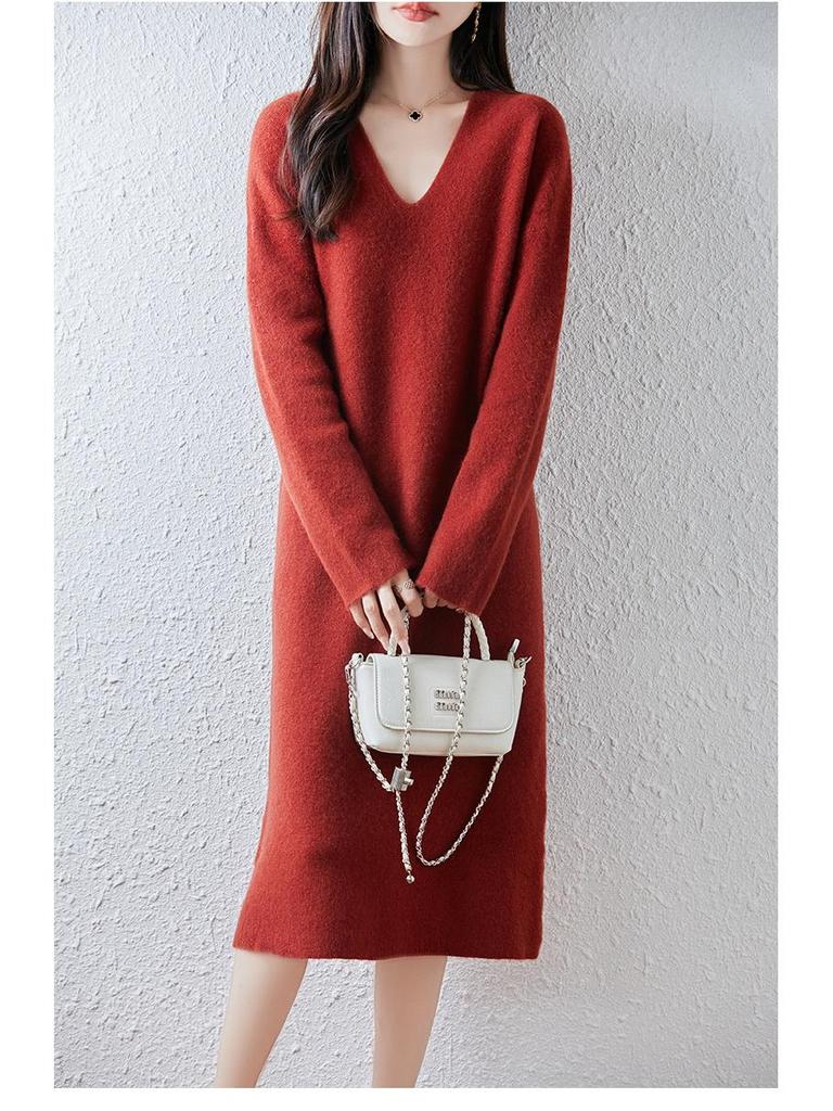 2025 Nowa Koreańska Sukienka Wełniana Dzianinowa o Długości Midi z Dekoltem V na Jesień i Zimę