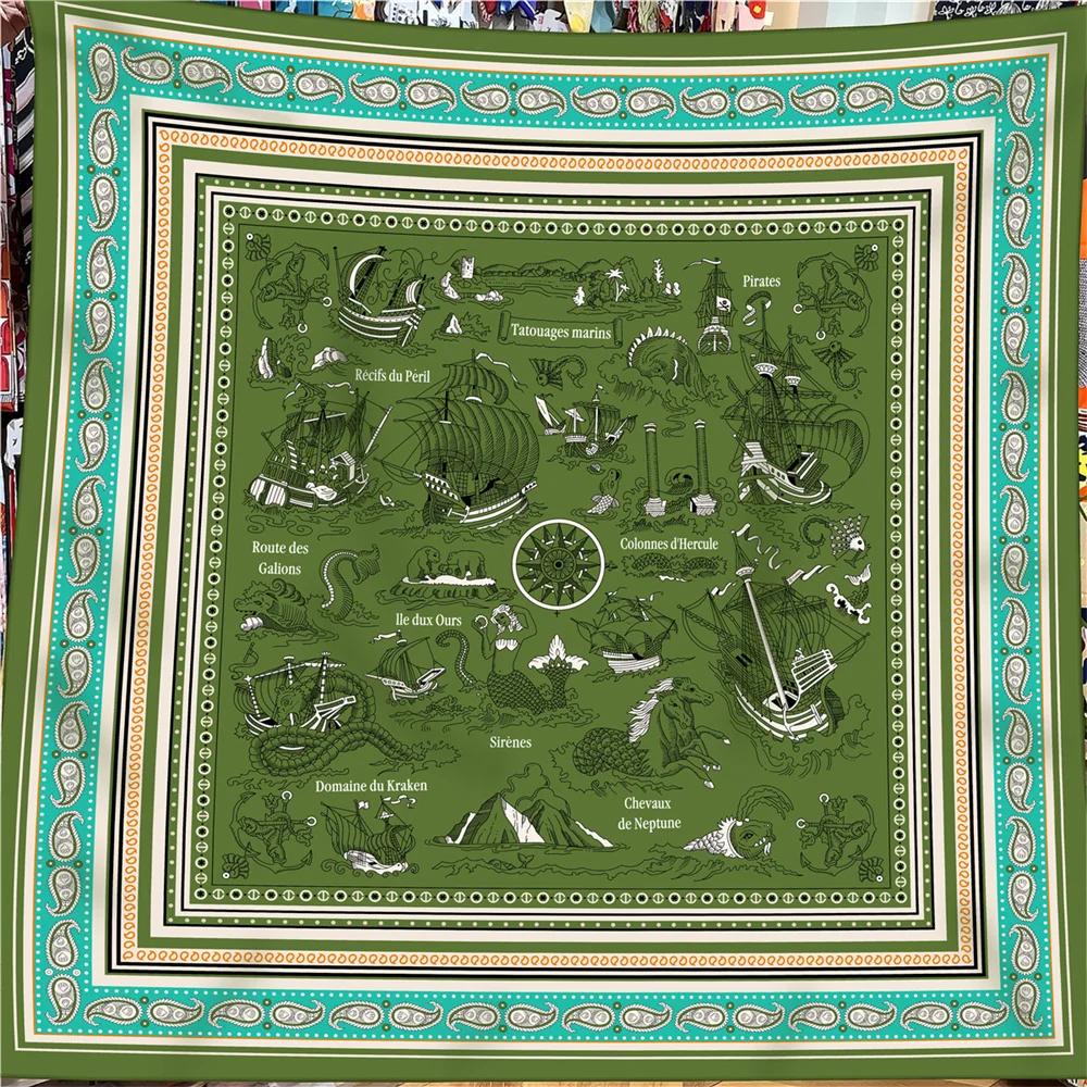 30% Silk 70% Cashmere Scarf Women Hand Rolled Horse Print Square Scarves Wraps Bandana Big Hijabs Female Foulard 135Cm