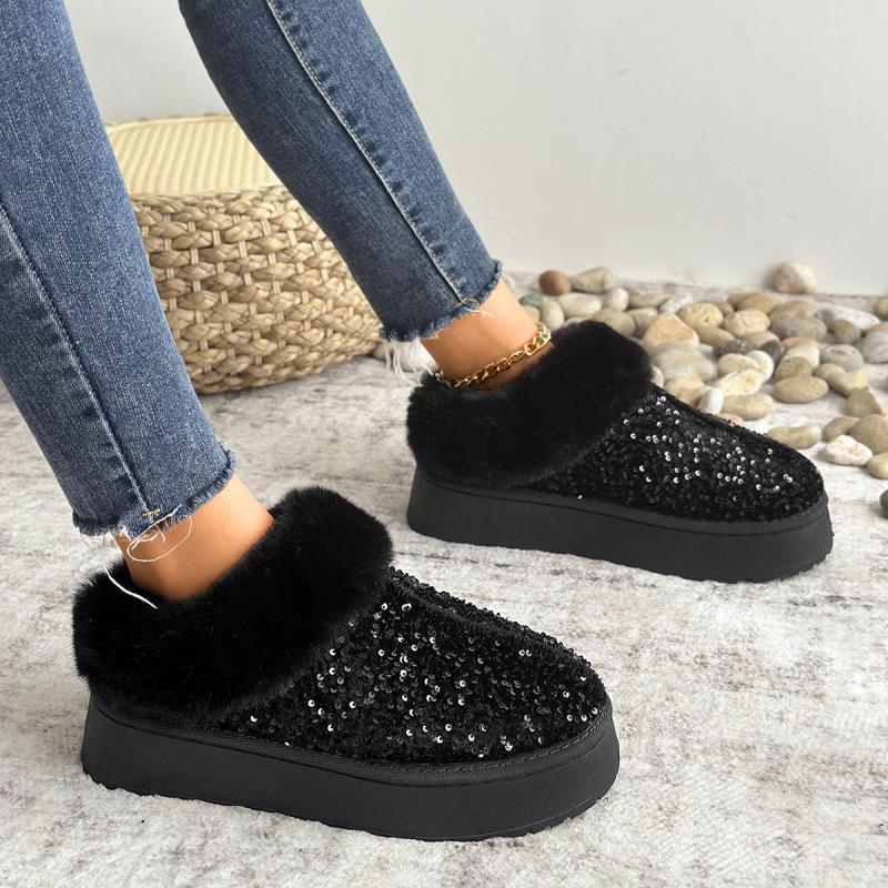 Fashion Luxury Sequined Fabric Non Slip Snow Boots Women 2025 Winter Comfort Fur Thick Bottom Ankle Boots Warm Short Plush Booties