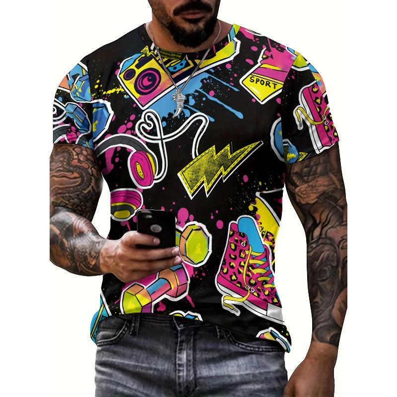Men's Round Neck Short Sleeve T Shirt 3D Graffiti Sport Camera Headphone Sneaker Print Hip Hop Streetwear Tops