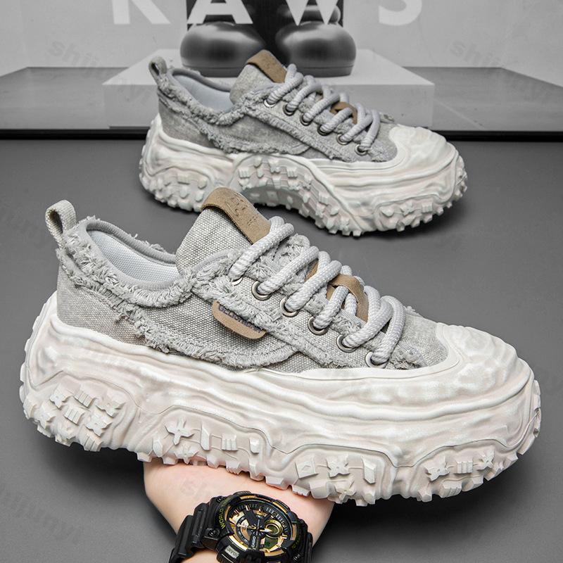 Fashion Men Thick Soled Shoes 2025 New Niche Canvas Casual Shoes Fashion Height Increasing Comfortable Non slip Lace-up Chunky sneakers