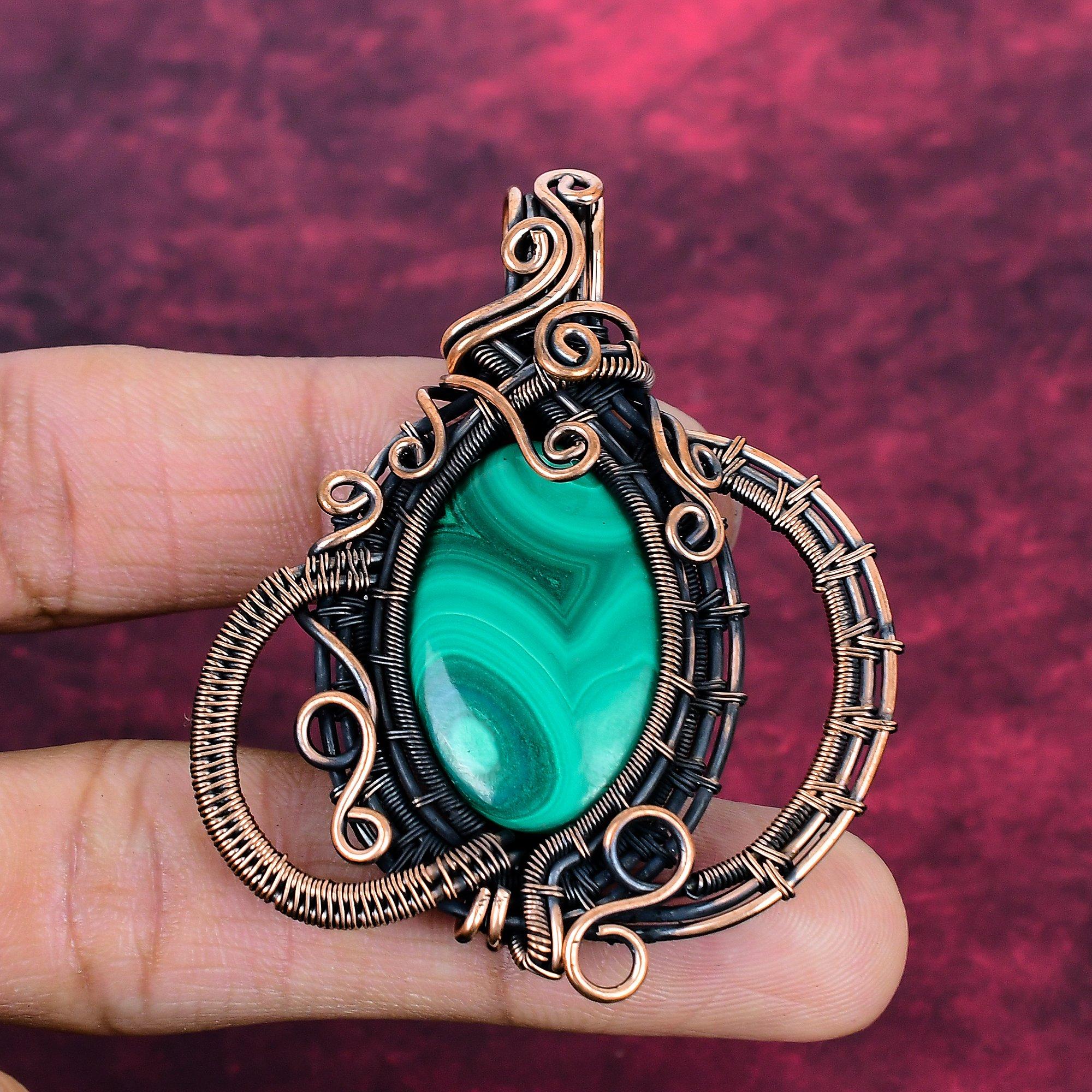Malachite Gemstone Pendant Copper Wire Wrapped Pendant Designer Jewelry for mom