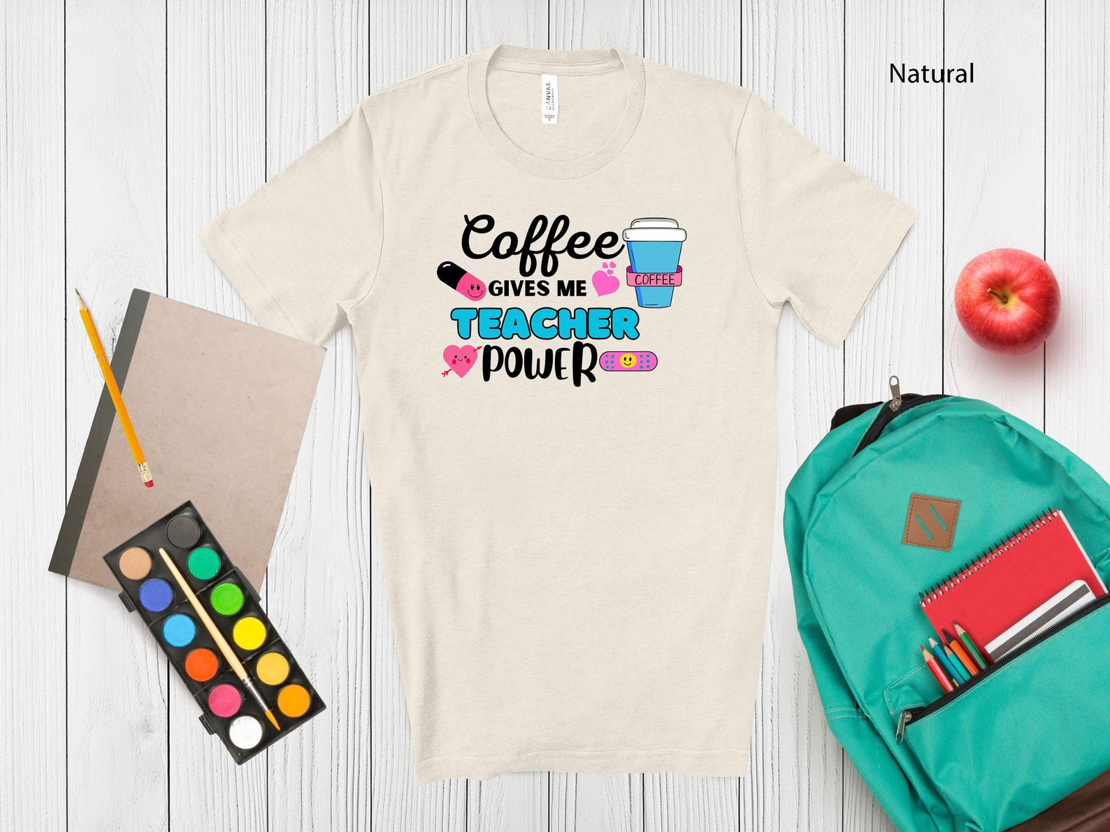 Coffee Gives Me Teacher Power T-Shirt | Funny Teacher Gift M