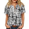 Women Henley Neck Printed Short Sleeve Cotton Linen Shirt with Front Pocket and Button Casual Fit Top