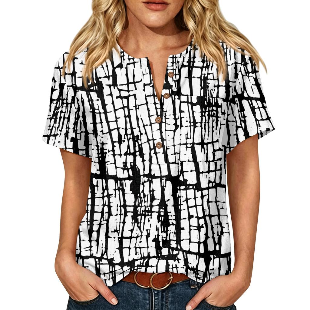 Women Henley Neck Printed Short Sleeve Cotton Linen Shirt with Front Pocket and Button Casual Fit Top