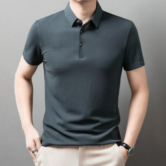Men's Summer Lapel Bone Pattern Ice Silk Polo Shirt, Short-Sleeve, Lightweight.