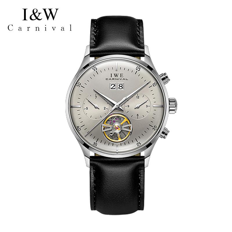 New CARNIVAL Grey Dial Luxury Tourbillon Watch For Men Mechanical Travel Time Wrist Watch Men Leather Waterproof