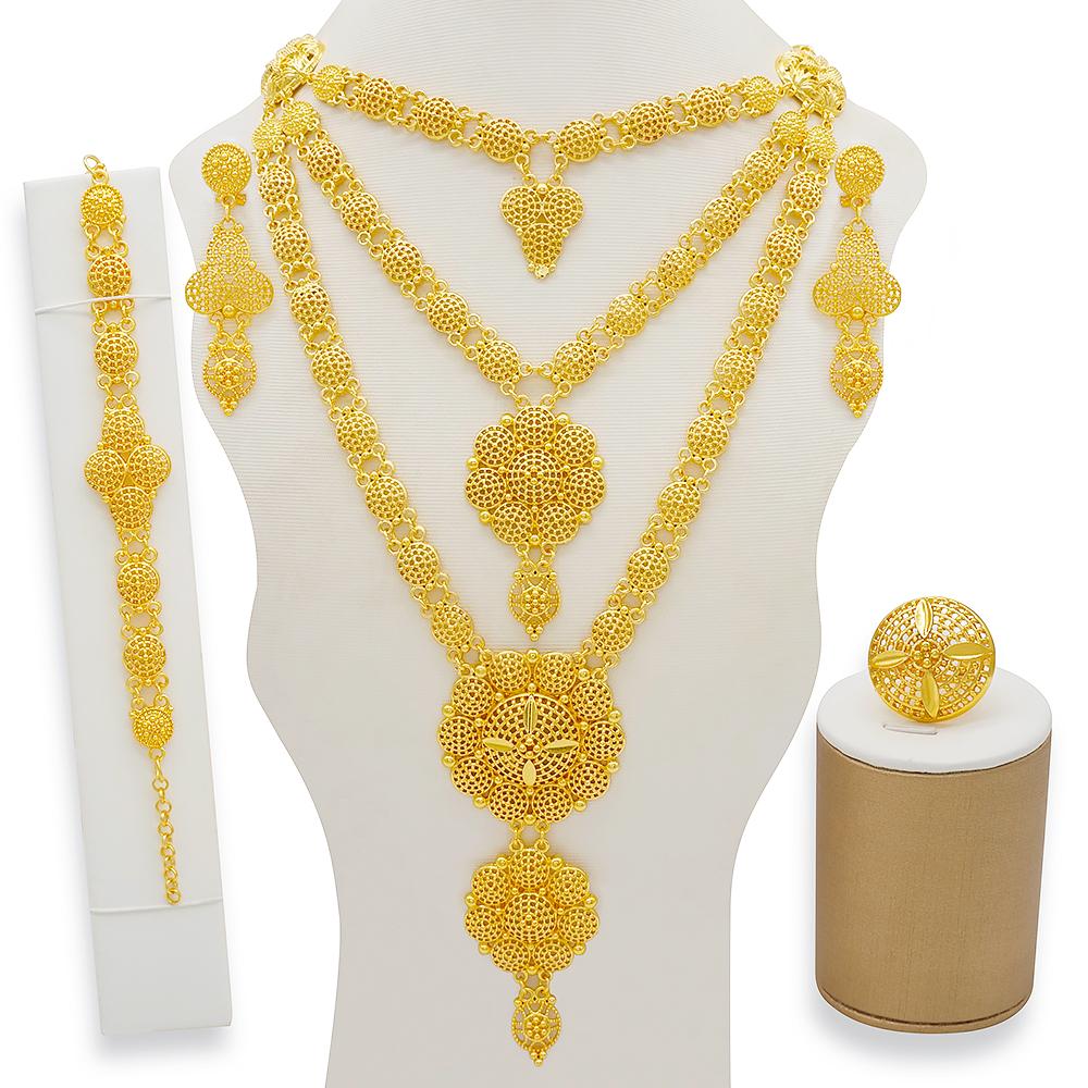 Set de bijuterii de culoare aurie din Dubai indian pentru femei Set de colier lung de mireasă, colier nigerian, bratara, cercei, seturi de inele