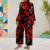 Women Plus Size Red Floral Printed Round Neck Long Sleeve Layered Top Wide Leg Cropped Pants Two Piece Set