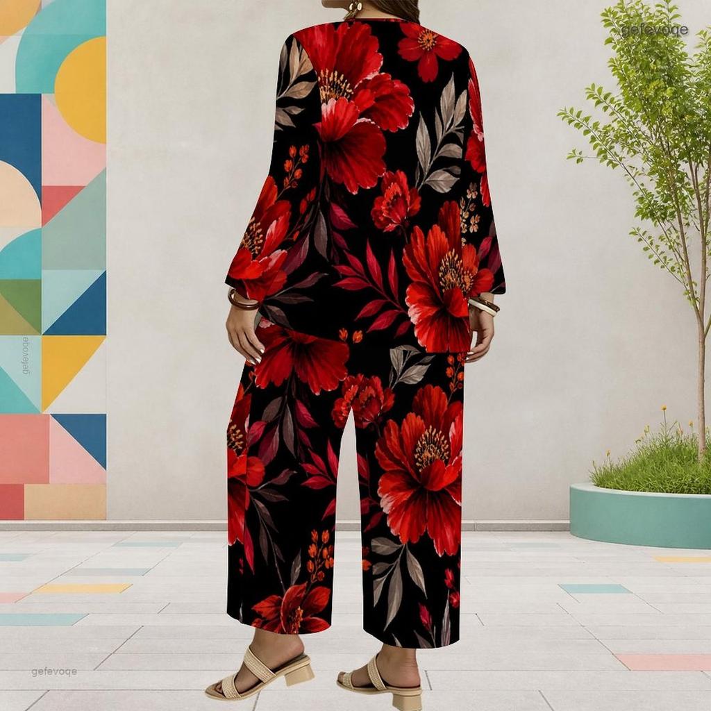 Women Plus Size Red Floral Printed Round Neck Long Sleeve Layered Top Wide Leg Cropped Pants Two Piece Set