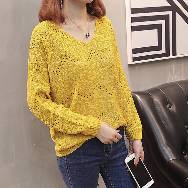 Women's Loose V-neck Knitted Sweater Hollowed Out Sweater Jacket Women's Knitted Sweater