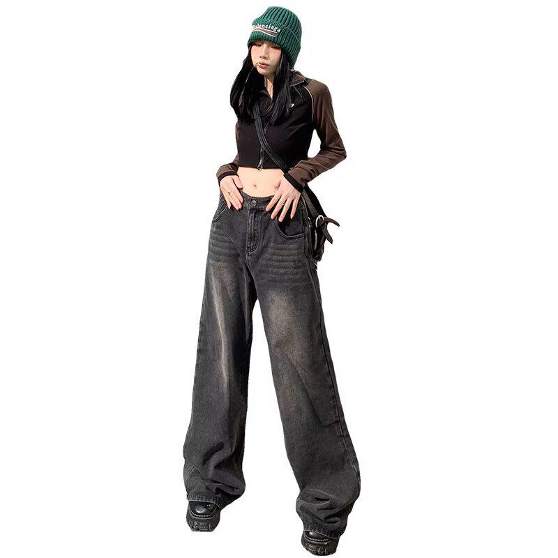 American Retro Velvet-Lined Wide-Leg High-Waist Women's Jeans for Autumn & Winter