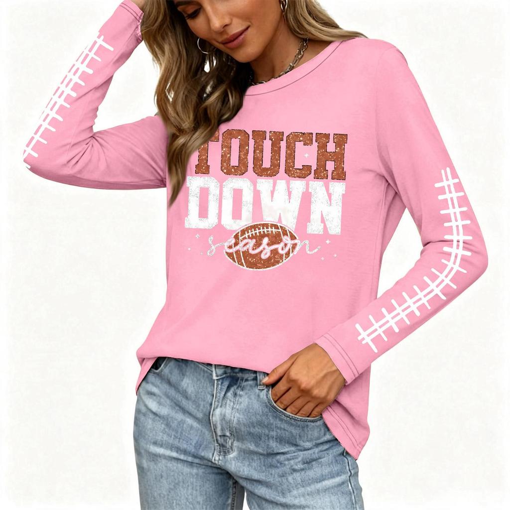 Women's Fashion Long Sleeve Neck Top with Rugby Graphic Print and Slit Hem