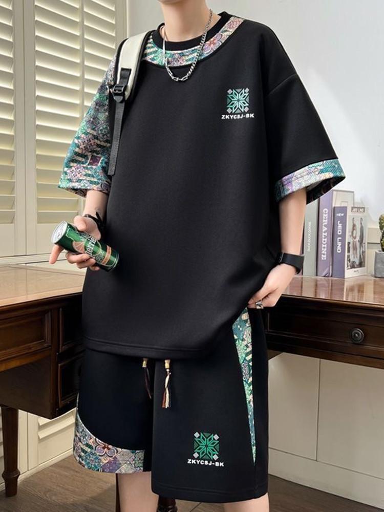 Summer Fashion Trend Print Comfortable Breathable Short Sleeve Shorts Set Men's Casual Loose Sports Plus Size Two-Piece Set