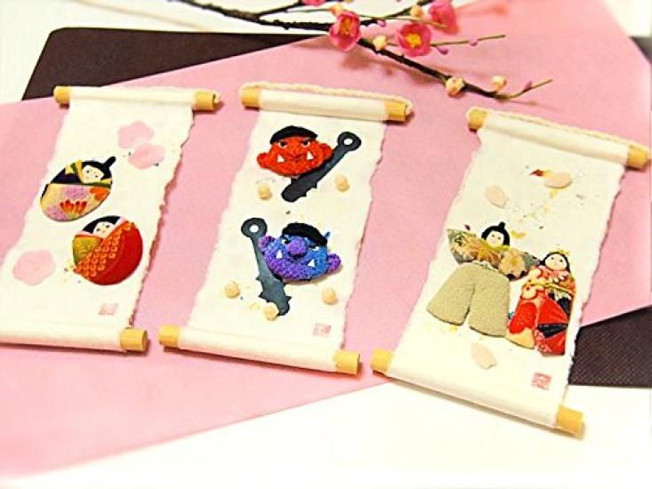 Chirimen Crafts Japanese Mini Hanging Scroll No Shell Dolls [Washi Interior] "Shun Tsuzuri"