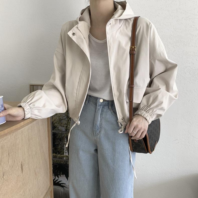 Autumn Vintage Korean Hooded Zipper Casual Solid Color Long Sleeve Jacket for Women