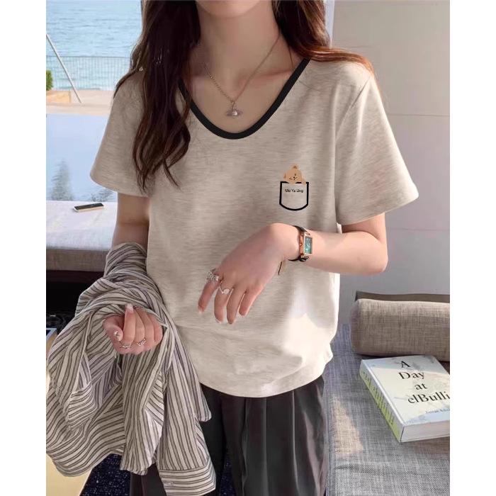 

beige contrasting color short-sleeved T-shirt women s shoulder pure cotton loose and thin belly covering casual versatile small V-neck top XL