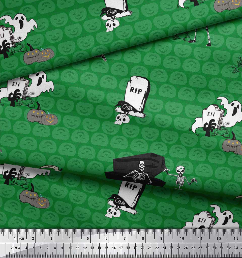Soimoi Green Japan Crepe Satin Fabric Pumpkin & Skull Halloween Print Fabric by metre 42 Inch