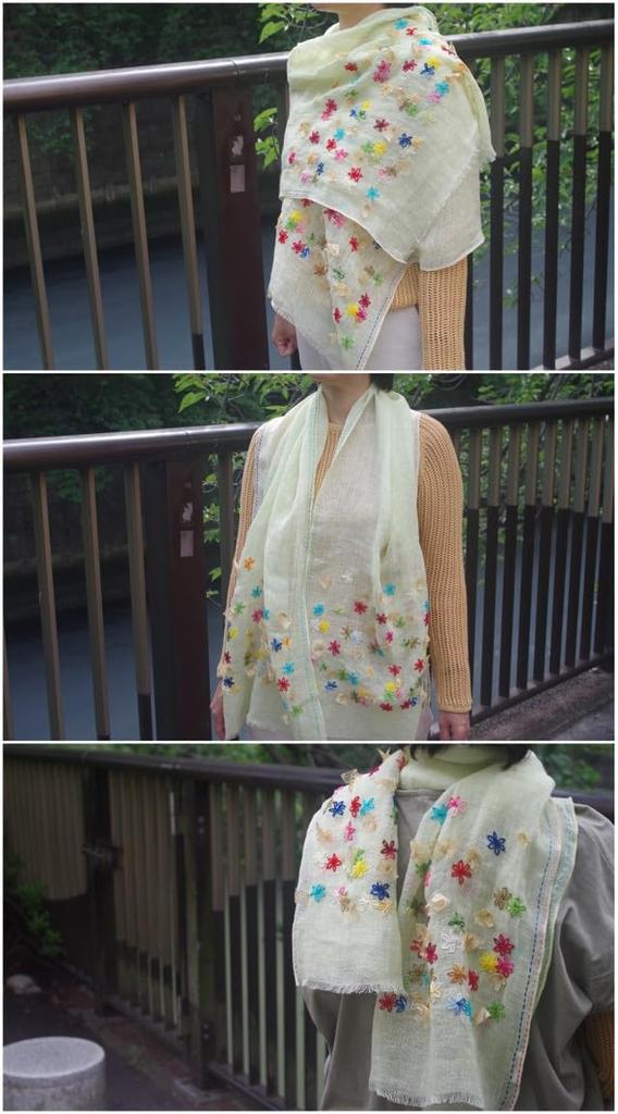 All Over the Linen Stole Embroidered Scarf Floral Ribbon Gauze Hemp Handmade Green [.a World] 100% Women's (Light Green)