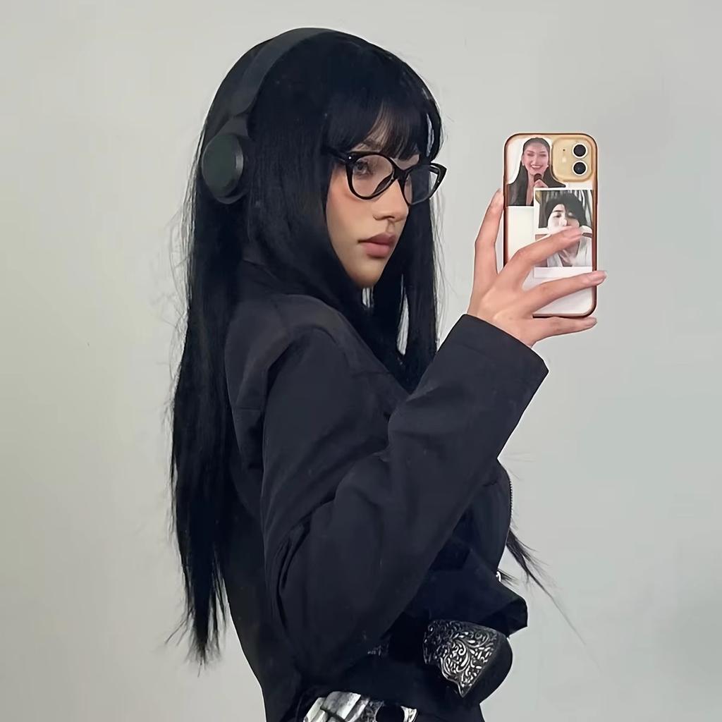 Black Synthetic Wig with Long Straight Hair - Halloween Cosplay Costume, Role-playing Party, High-temperature Hair Cap