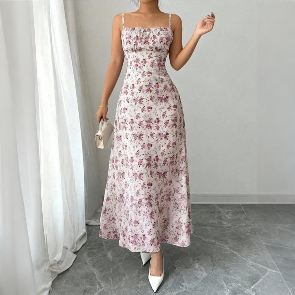 Women’s Sleeveless Spaghetti Strap Long Dress with Floral Print Lightweight Fabric and Square Neckline for Summer