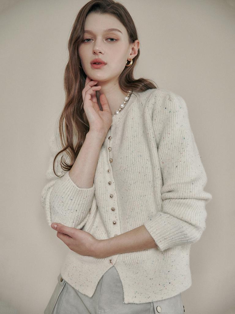 Maxza Sprinkle Button Round Neck Puff Cardigan