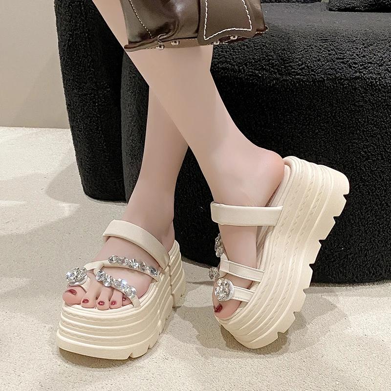 8CM Heels Chunky Slippers for Women Open Toe High Platform Crystal Sandals Woman New Summer Thick Bottom Beach Bead Flip Flops
