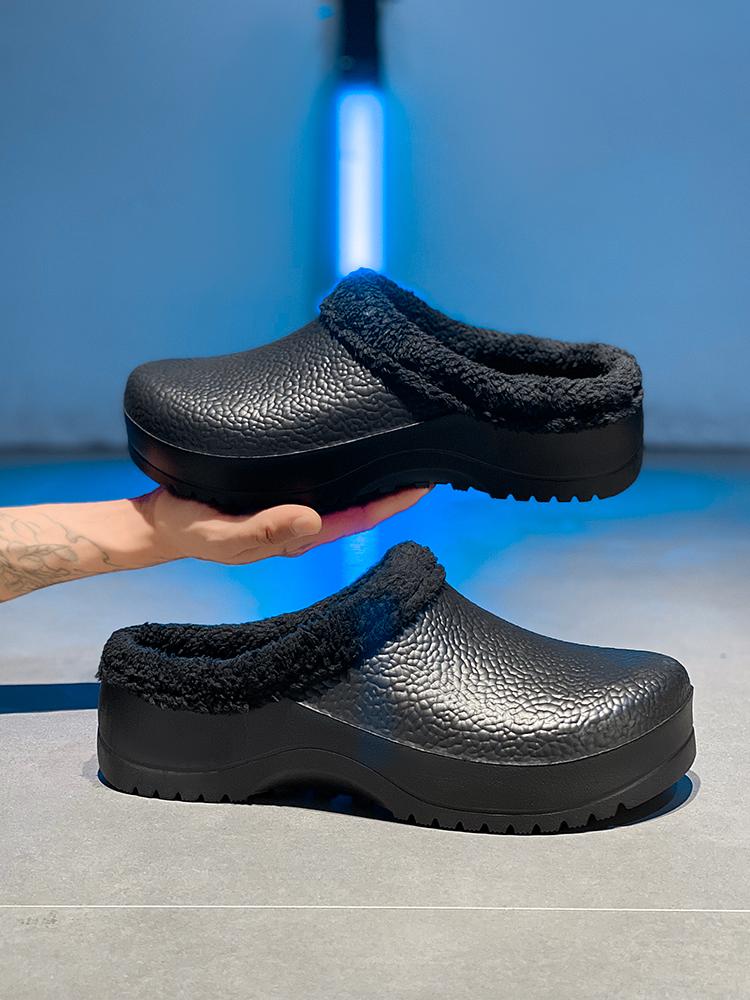 Winter Men Chef Shoes Warm Fur Men Garden Clogs Cotton Slippers Waterproof Indoor Outdoor Warm Shoes Bedroom Home Plush Slides