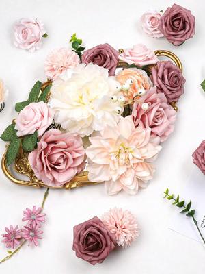 Silk Flowers Artificial Flowers Combo Flowers Mix Roses Peonies with Stems for DIY Wedding Bridal Bouquets Baby Shower Table Centerpieces Home Decor