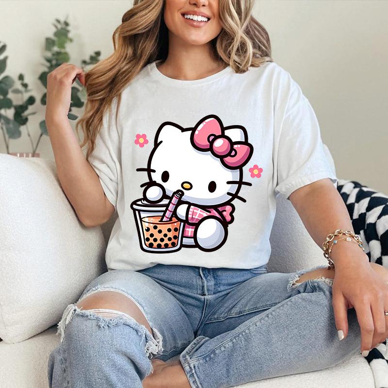Hello Kitty Drinking Pearl Milk Tea Printed Womens Tshirt Cotton Shortsleeved Casual Top Personalized Womens Clothing