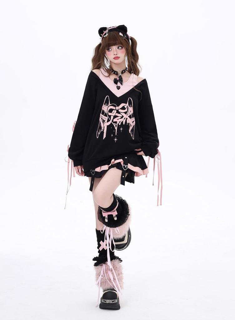 TOWYYO Hoodie mit Band und Lang Perfekt für und Herbst Damen Harajuku-inspiriert Schulterfrei Träger, Ärmel, Print, Y2k, Niedlich, V-Ausschnitt,