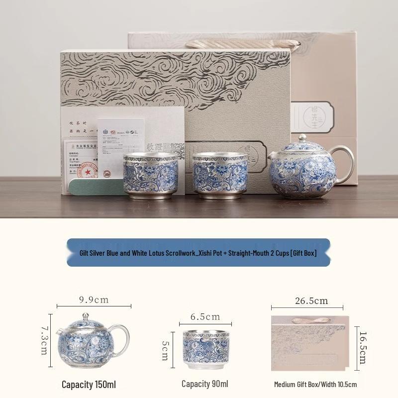 Gilt Silver Blue & White Lotus Ceramic Xishi Tea Set