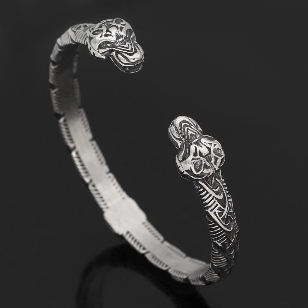 Stainless Steel Adjustable Viking Wolf Head Rune Men's Bracelet