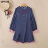 VONDA Women Turn Down Collar Long Sleeve Stitching Plaid Print Casual Ruffled Dress